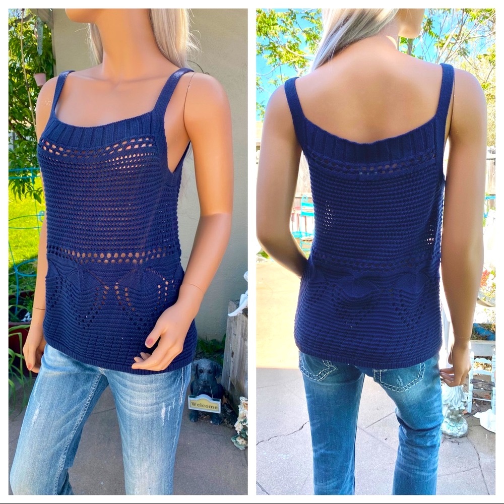 Hp Lucky Brand Navy Blue Crochet Knit Tank Top